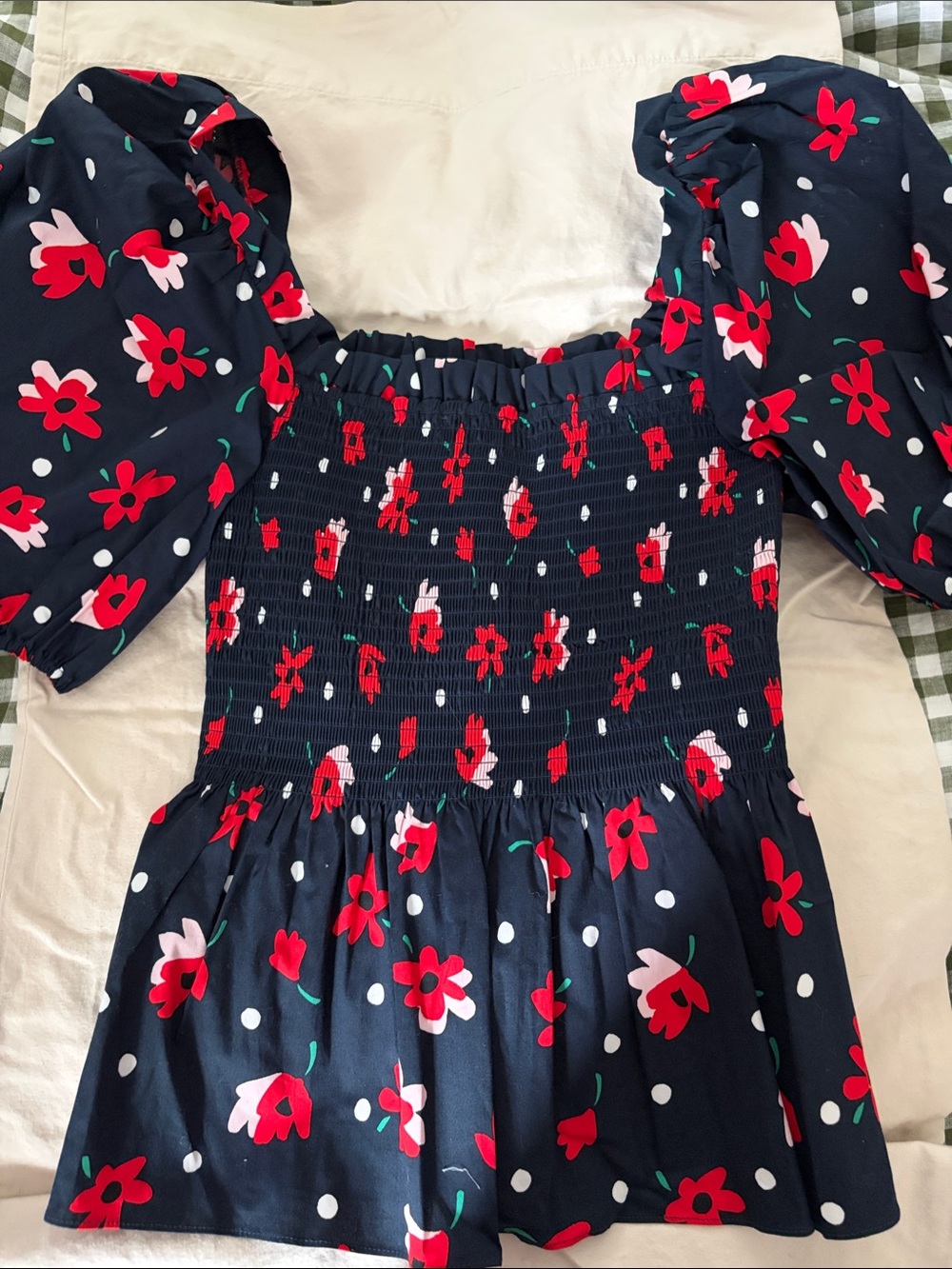 kate spade Navy Floral Smocked Peplum Top with Puff Sleeves